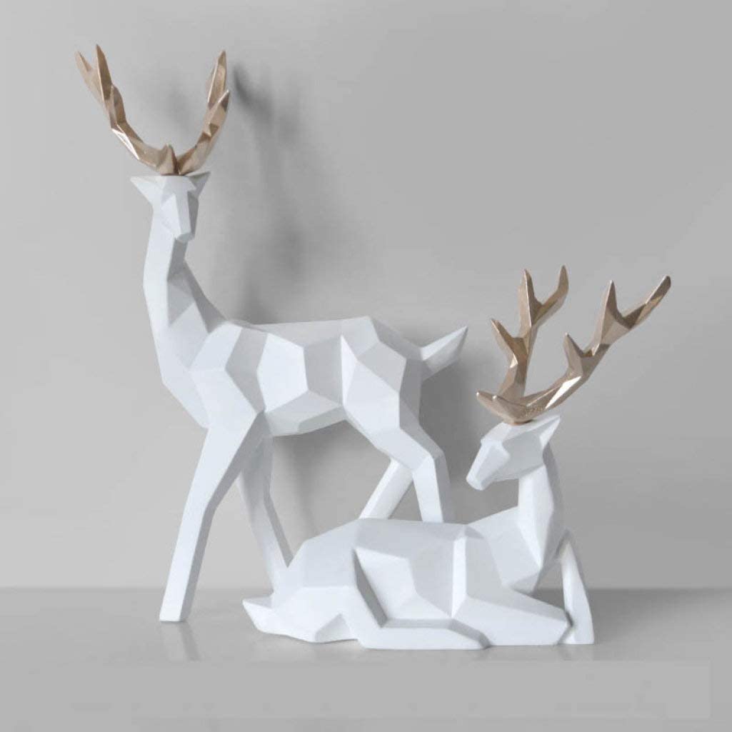 2Pcs Geometric Couple Deer Statue Figurine Resin Sculpture