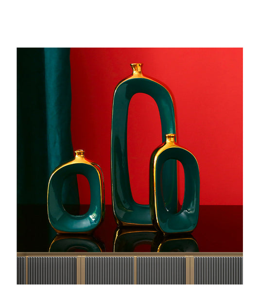 Light luxury Ceramic Vase Decoration Dark Green With Gold Plating Modern Luxury Ceramic Vase