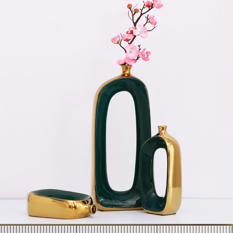 Light luxury Ceramic Vase Decoration Dark Green With Gold Plating Modern Luxury Ceramic Vase