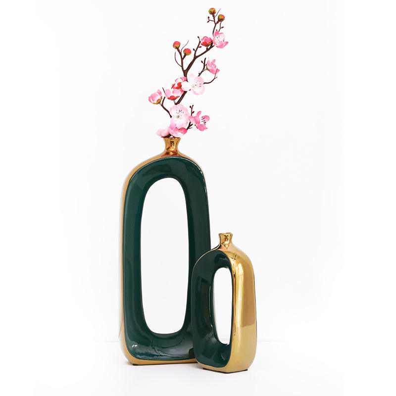 Light luxury Ceramic Vase Decoration Dark Green With Gold Plating Modern Luxury Ceramic Vase