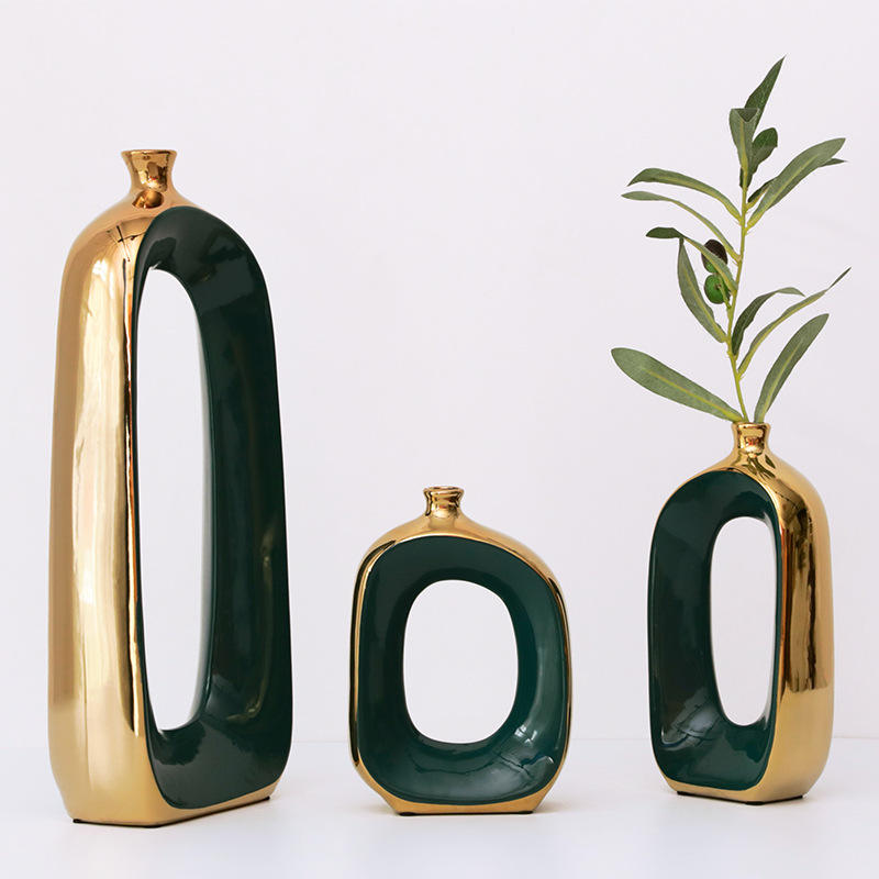 Light luxury Ceramic Vase Decoration Dark Green With Gold Plating Modern Luxury Ceramic Vase