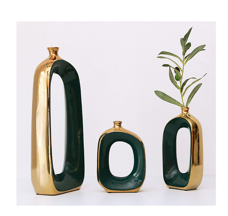 Light luxury Ceramic Vase Decoration Dark Green With Gold Plating Modern Luxury Ceramic Vase