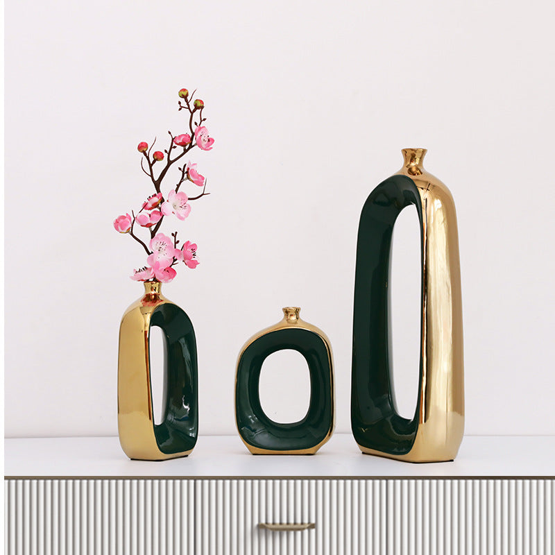 Light luxury Ceramic Vase Decoration Dark Green With Gold Plating Modern Luxury Ceramic Vase